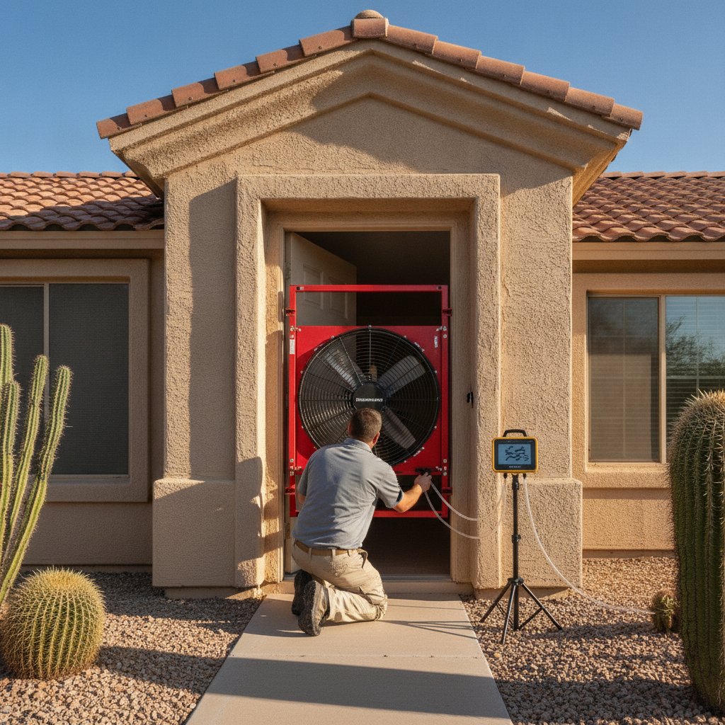 Technician setting up a blower-door air-leakage test at an Arizona home